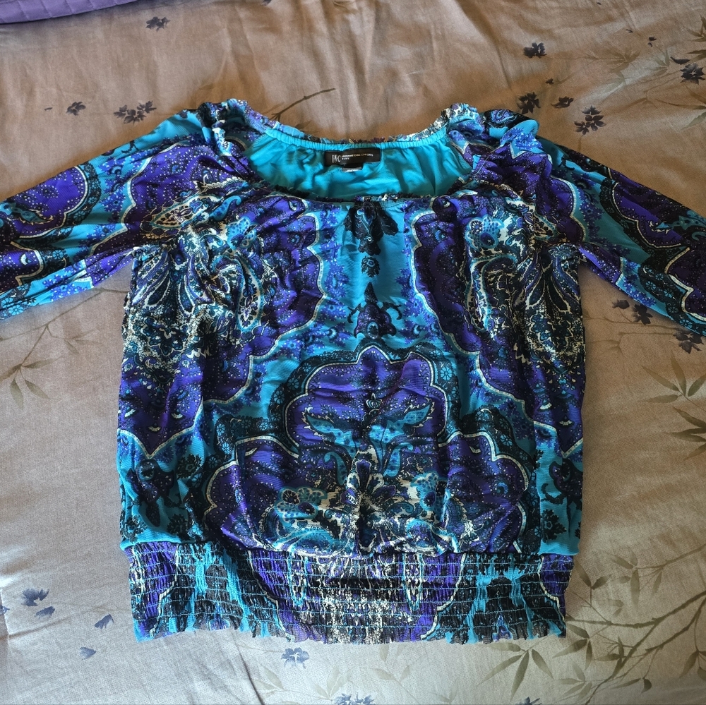 INC International Concepts Blue and Purple Graphic 3/4 Sleeve Blouse